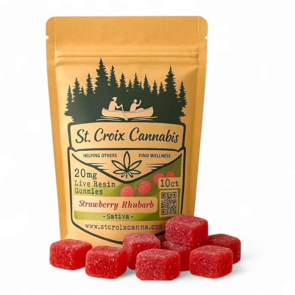 St. Croix Canna Strawberry Rhubarb (Sativa) 20mg live resin gummies, 10 count pouch