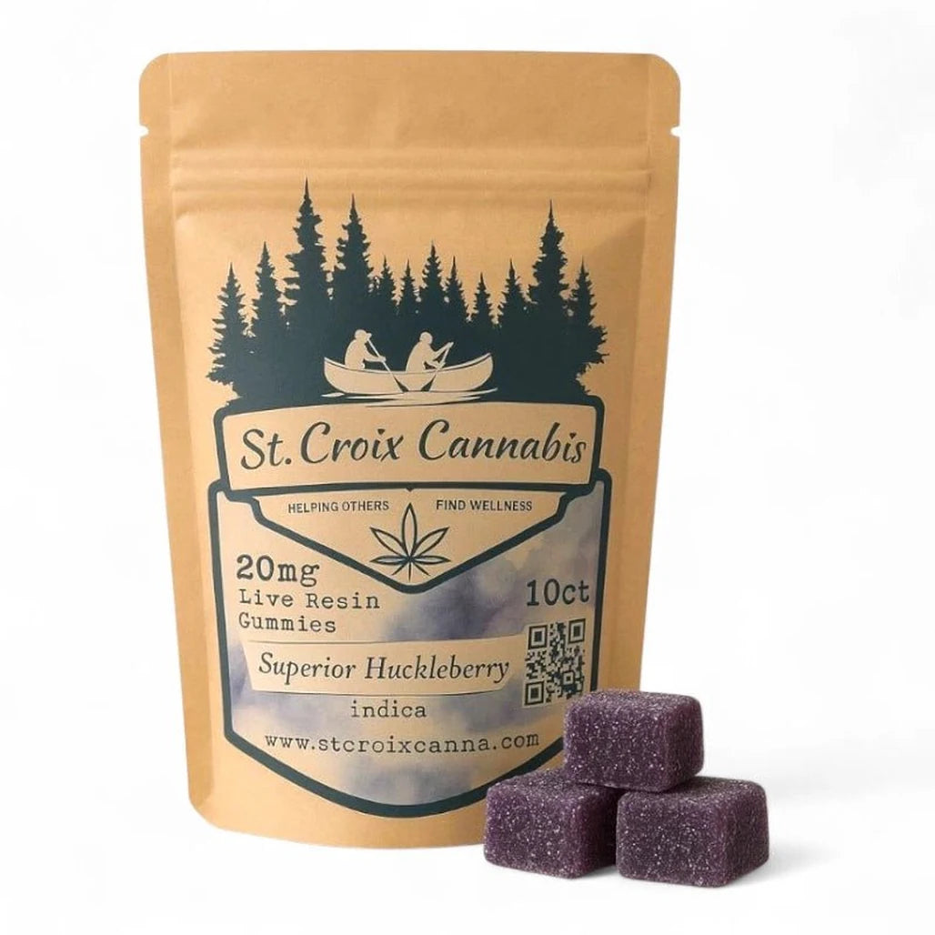 St. Croix Canna Superior Huckleberry (Indica) 20mg live resin gummies, 10 count pouch