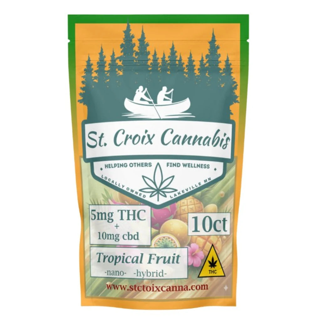St Croix Canna Tropical Fruit gummies pouch, 5mg THC + 10mg CBD, 10 count