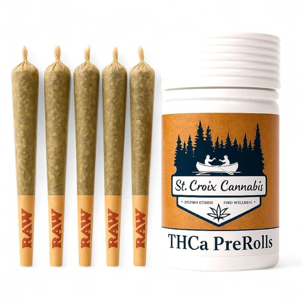 St. Croix Cannabis THCa PreRolls jar with five 0.5g RAW pre-rolls