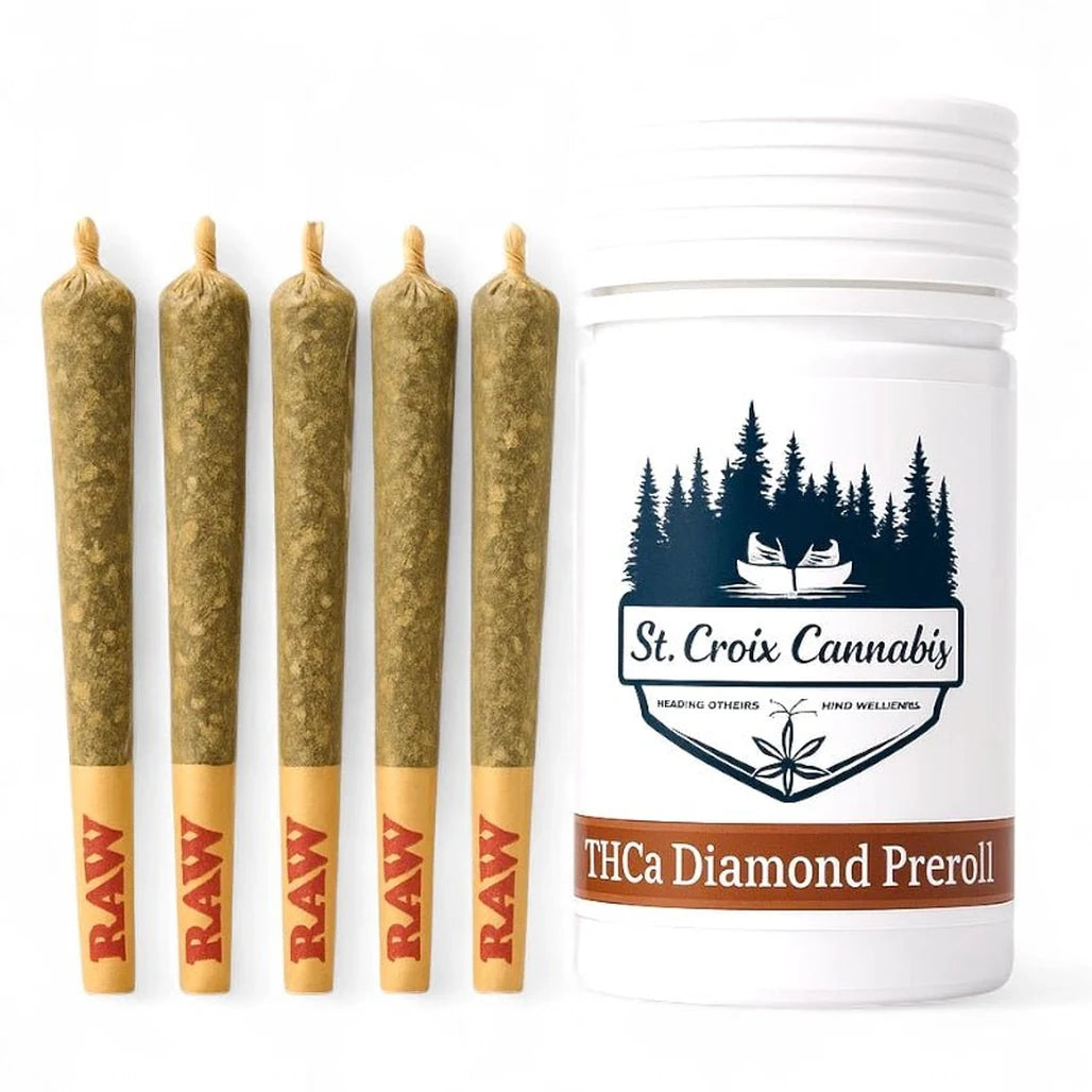 St. Croix Cannabis THCa Diamond Preroll jar with five 0.5g RAW pre-rolls