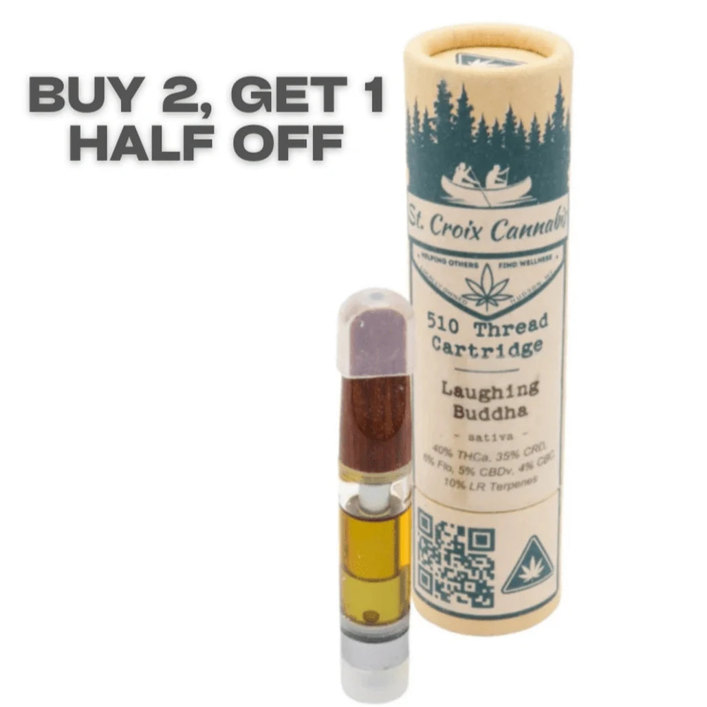 St. Croix Cannabis 1g Delta-9 live resin 510 cartridge, Laughing Buddha, with tube (Buy 2, Get 1 Half Off promo graphic)