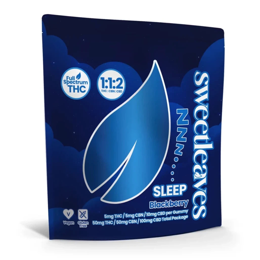 Sweetleaves Blackberry 5mg THC + 5mg CBN + 10mg CBD gummies pouch