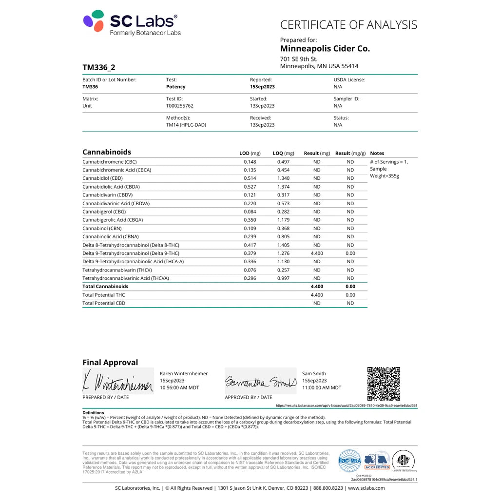 Certificate of analysis: SC Laboratories, Trail Magic Half and Half (not Mimosa), batch TM336, reported Sep 15, 2023