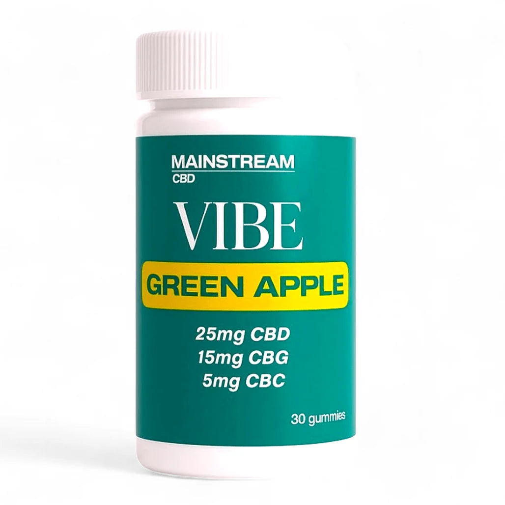 VIBE by Mainstream CBD gummies bottle, 25mg CBD + 15mg CBG + 5mg CBC, 30 count green apple