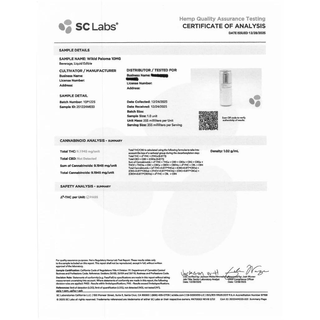 Certificate of analysis: SC Laboratories California, 10mg Paloma, batch 10P1225, issued Dec 28, 2025