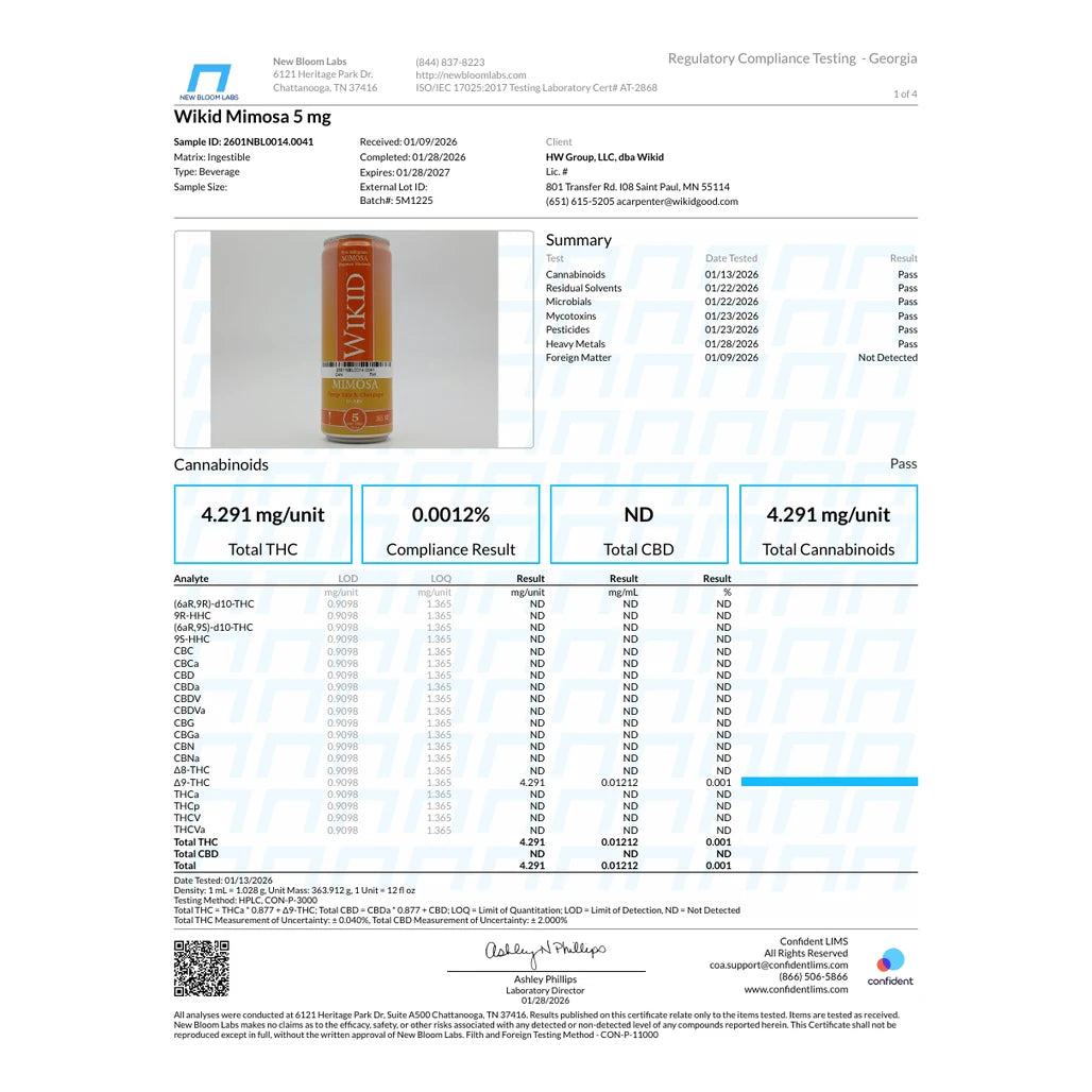 Certificate of analysis: New Bloom Labs, 5mg Mimosa, batch 5M1225, completed Jan 28, 2026